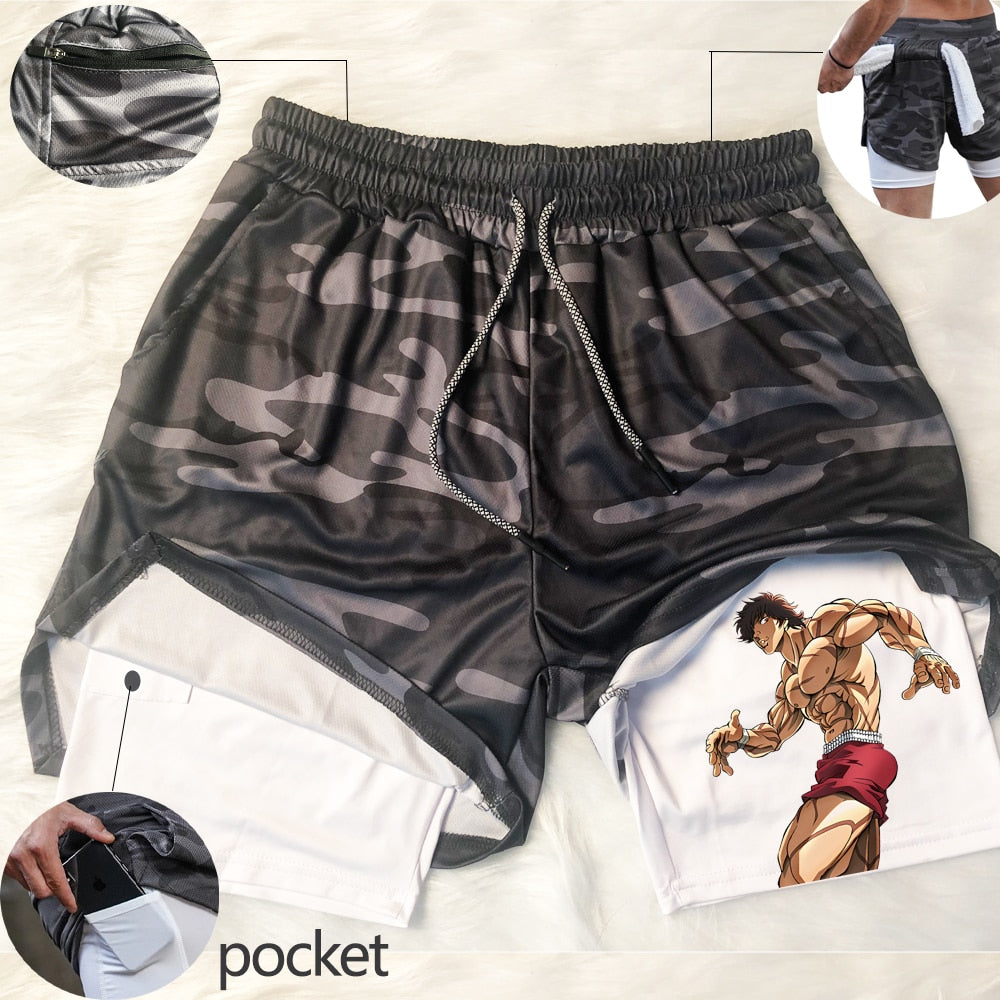 Anime Hanma Baki Gym Shorts Men's 2 In1 Mesh Quick Dry
