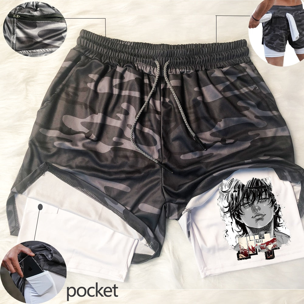 Anime Hanma Baki Gym Shorts Men's 2 In1 Mesh Quick Dry