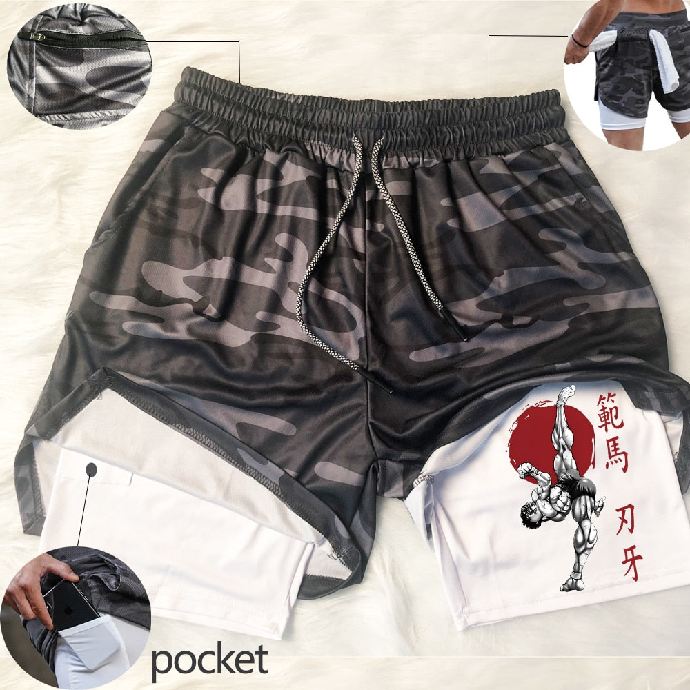 Anime Hanma Baki Gym Shorts Men's 2 In1 Mesh Quick Dry