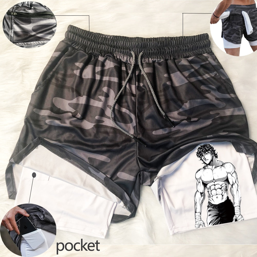 Anime Hanma Baki Gym Shorts Men's 2 In1 Mesh Quick Dry